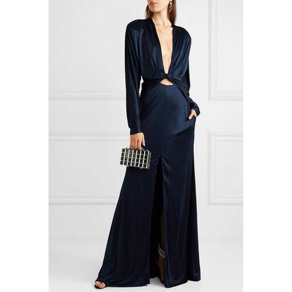 Dundas Twisted Cutout Long Sleeve Front Slit Gown - Picture 4 of 8